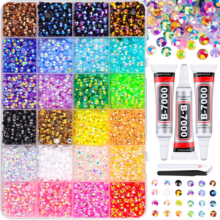 30000Pcs Resin Jelly Rhinestones for Bedazzling, Multicolor 3Mm Flatback Gems for Diamond Art, Bedazzler Kit with 3Pcs 10Ml B7000 Jewelry Glue for Nail Art Crafting Book Makeup