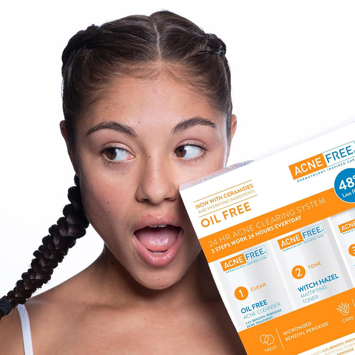 Acne Free 3 Step 24 Hour Acne Treatment Kit - Clearing System W Oil Free Acne Cleanser, Witch Hazel Toner, & Oil Free Acne Lotion - Acne Solution W/ Benzoyl Peroxide for Teens and Adults - Original