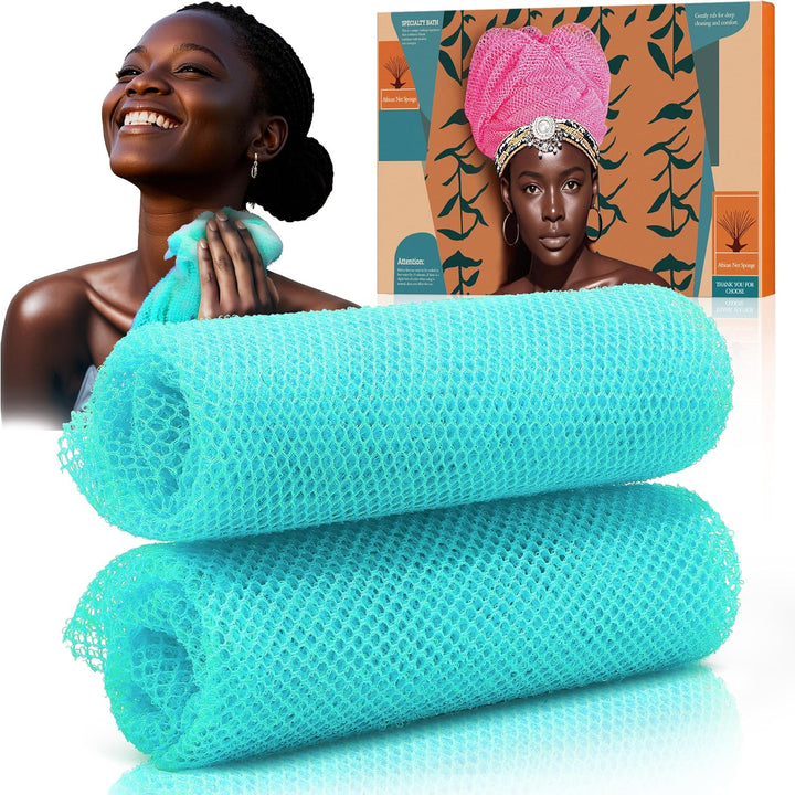 4 Pieces African Net Sponge – Premium African Net Sponge for Deep Exfoliation Quick-Dry and Reusable Mesh for Smooth Skin（Yellow Pink Purple Blue）