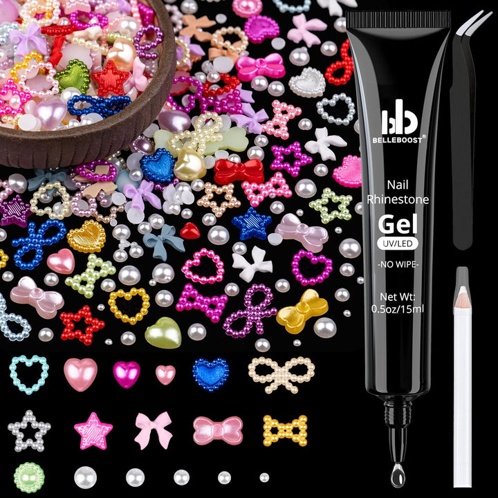 600Pcs 3D Multi Shapes Nail Charms and Flatback Pearls, White Mix Styles Heart Star Bow Sunflower Embellishments for Nail Art, Craft and Decoration with Glue Gel, Tweezer and Pickup Pencil