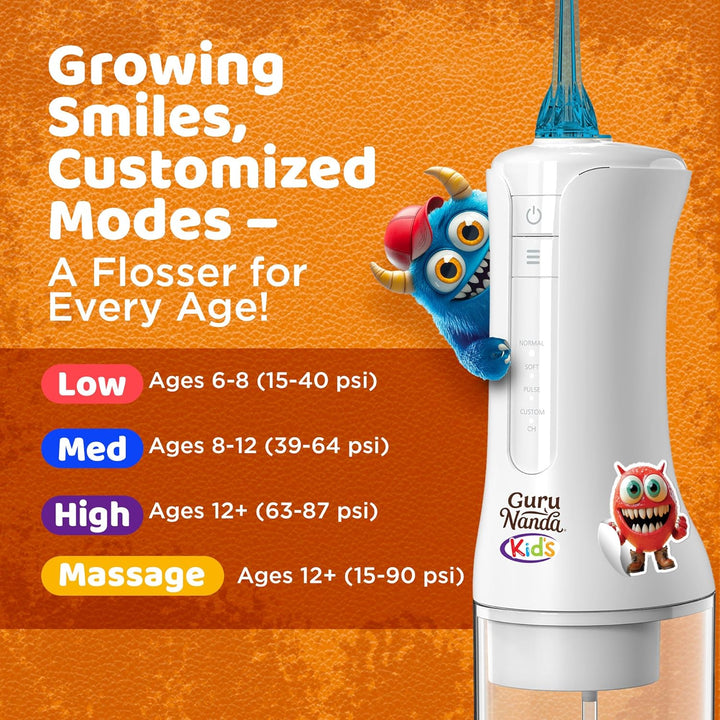 Kids Water Dental Flosser - 4 Flossing Modes, 4 Nozzles, 2-Min Smart Timer, Ages 6+, Monster Frens Theme, Portable Oral Care for Kids