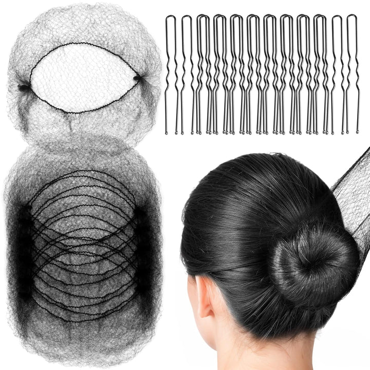 Hair Accessories Set: 20PCS Mesh Hair Nets Invisible and 40PCS U Shaped Hair Pins for Women, Girls, Ballet Bun Maker & Dance (Hair Nets- 20 Inch(50Cm), Hair Pins- 2.4 Inch(6Cm)), Brown
