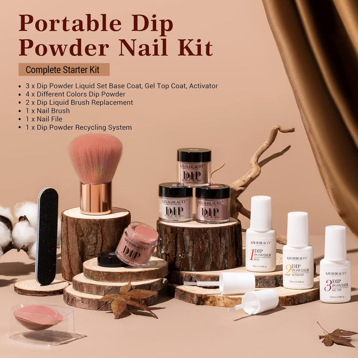 Dip Powder Nail Kit Starter, Fall 4 Colors Skin Nude Brown Glitter, Acrylic Dipping Powder Liquid Set with Base/Top Coat Activator for Daily French Nail Art Manicure DIY Gift 12 Pcs