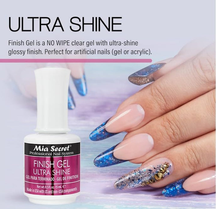 UV Finish Gel Top Coat for Gel or Acrylic 15 Ml - No Wipe Clear Nail Polish - High Gloss Top Coat for Artificial Nails