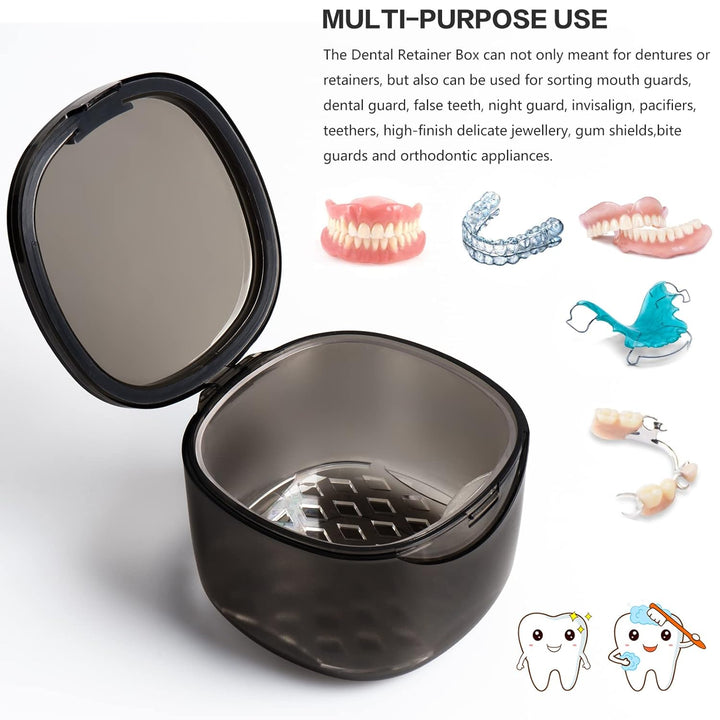 Upgraded Denture Bath Box Cup, No-Leak Denture Case,Retainer Cleaning Box, Complete Clean Care for Dentures, Clear Braces, Mouth Guard, Night Guard & Retainers (Transparent Grey)