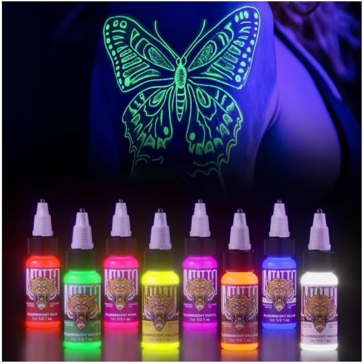8Color Fluorescent Tattoo Ink Set, 8Pcs Tattoo Ink Color Set,Glow in the Blacklight, Skin-Safe Permanent Tattooing for 3D Makeup Beauty Skin Body Art, 0.17Fl Oz 5Ml/Bottle