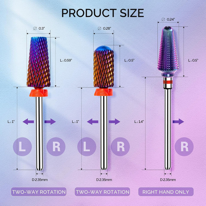 3Pcs Nail Drill Bits Set, 3/32'' Carbide Tungsten Bits, 5 in 1, Smooth round Top Large Barrel and Tornado Bits, Suitable for Manicure Pedicure Cuticle Gel Acrylic Remover, Purple