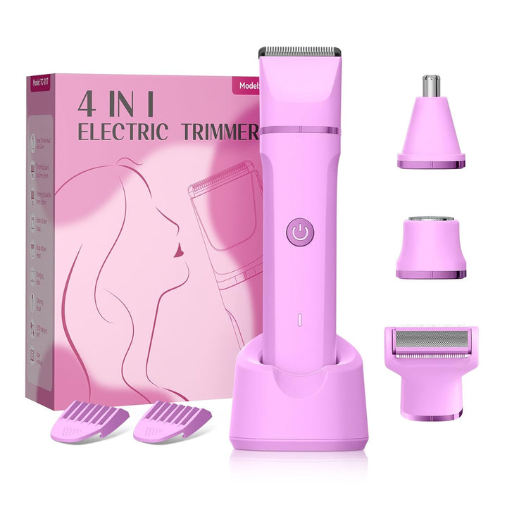 Electric Bikini Trimmer for Women - 4 in 1 Electric Razors for Women, Waterproof Pubic Hair Trimmers and Facial Hair Remover, Replaceable Shaver & Nose Hair Trimmer, Rechargeable Women'S Grooming Kit