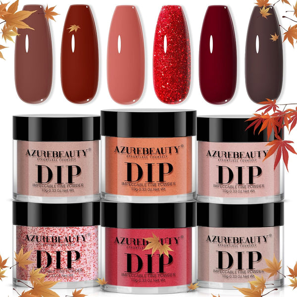 Dip Powder, Fall Brown Red Glitter 6 Colors Dipping Powder Starter Kit French Nail Art Manicure DIY Salon for Women, No Need Nail Lamp Cured