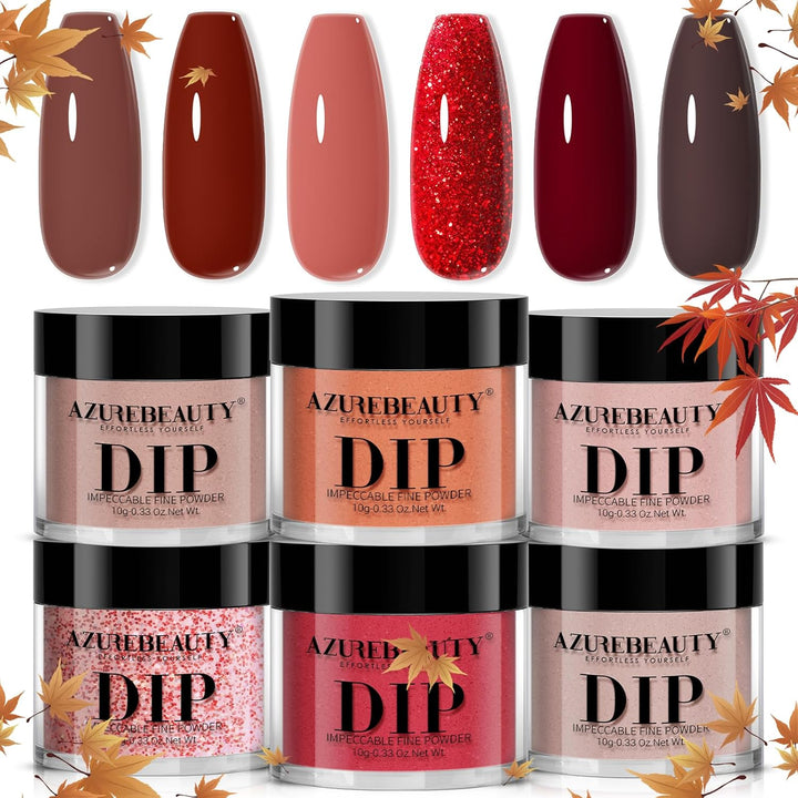 Dip Powder, Fall Brown Red Glitter 6 Colors Dipping Powder Starter Kit French Nail Art Manicure DIY Salon for Women, No Need Nail Lamp Cured