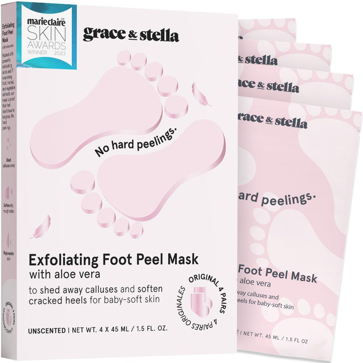 Award-Winning Foot Peeling Mask - Foot Peel Masks with Aloe Vera- Moisturizing Foot Masks That Remove Dead Skin, Exfoliating Foot Mask for Dry Cracked Feet (4 Pairs, Unscented)