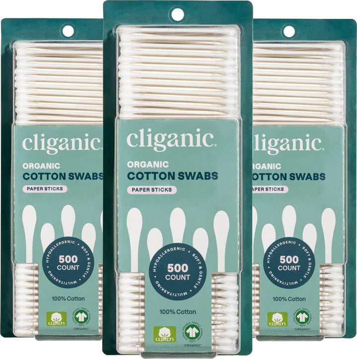 Organic Cotton Swabs, 500 Count - 100% Pure Natural Cotton, Chlorine-Free Hypoallergenic, Soft, Gentle & Absorbent Buds