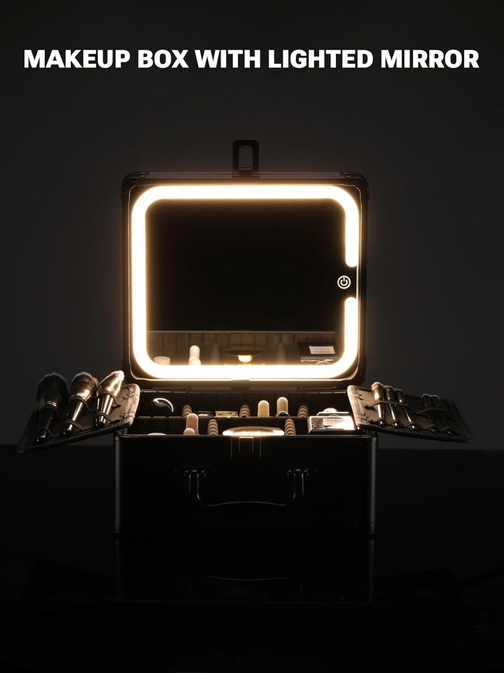 Makeup Box with a Detachable Lighted Mirror, Waterproof Travel Train Case, Cosmetic Organizer and Makeup Suitcase with Adjustable Dividers, Magnetic LED Mirror (Black)