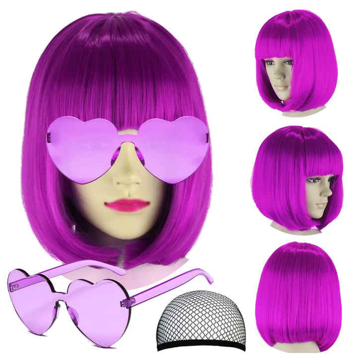 Short Bob Hair Wigs Straight with Flat Bangs Synthetic Colorful Cosplay Daily Party Neon Wig for Women + Free Wig Cap 14" Natural as Real