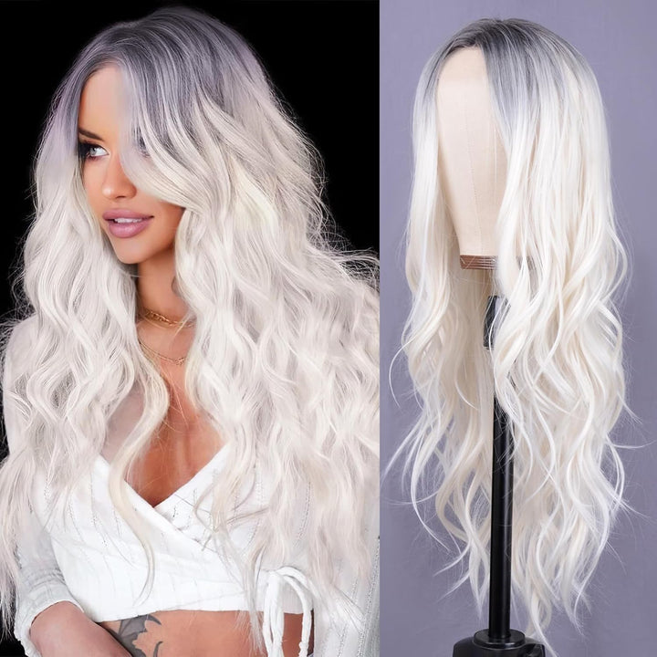 Mixed Blonde Long Wave Wig for Women -26Inch Middle Part Long Curly Wig Heat Resistant Synthetic Hair Looking Natural, Fiber Wig for Daily Party Use
