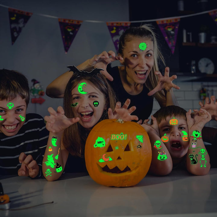 145 Styles Halloween Tattoos for Kids, 12PCS Halloween Luminous Tattoos, Glow in Dark Ghosts Pumpkin Fake Temporary Tattoos Stickers Bulk for Trick or Treat Party Decorations Accessories Supplies