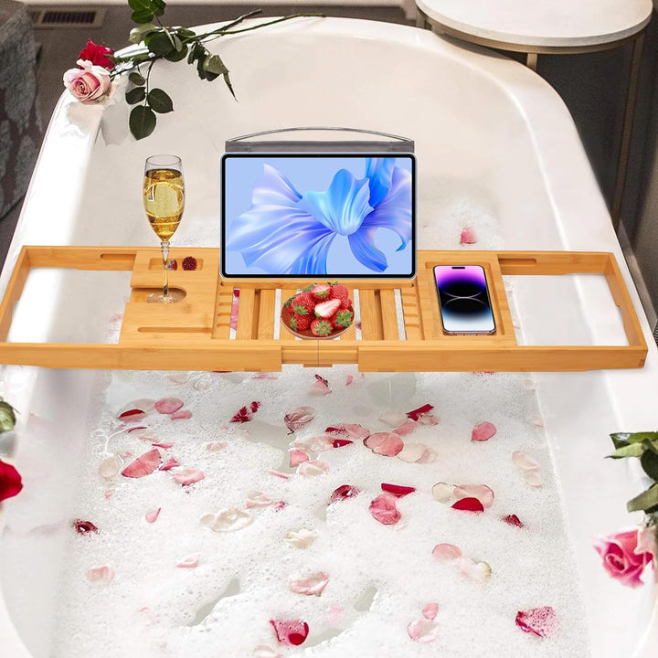 Luxury Bathtub Caddy Tray for Tub - Foldable Bamboo Bath Table Tray with Book and Wine Glass Holder, Expandable Bathroom Accessories for Spa or Reading Lite Style