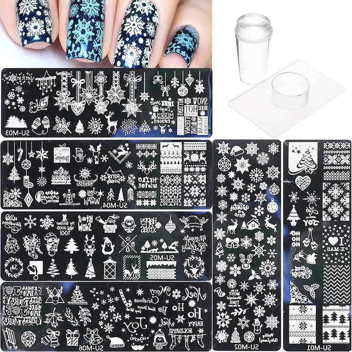 Halloween Nail Stamper Kit 6 Pcs Nail Plates +1 Nail Stamper + 1 Nail Scraper Horror Skull Spider Ghost Bat Nail Art Design Template Nail Stencils Plates Nail Supplies Tools Nail 8Pcs Set