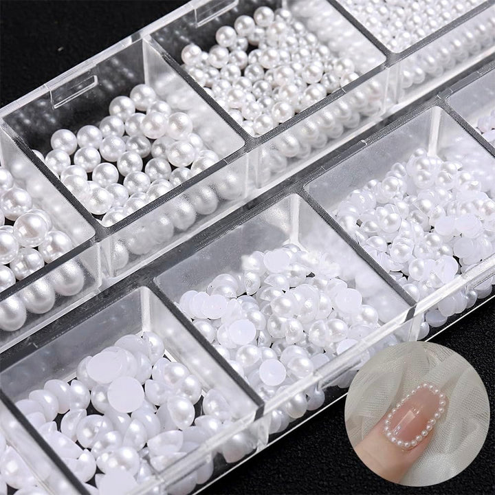 12 Grids Pearl Beads Nail Art Charms Nail Pearls White Pearl Charms for Nails Design Flat Back Pearls for Crafting Manicure Bead Kit Women Nail Beads Fingernail Decorations Cute Beads for Crafts