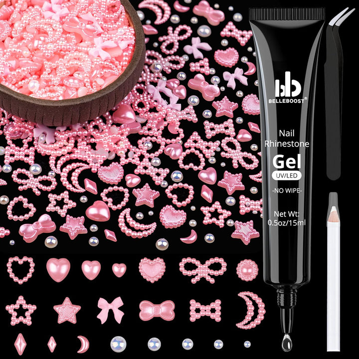 600Pcs 3D Multi Shapes Nail Charms and Flatback Pearls, White Mix Styles Heart Star Bow Sunflower Embellishments for Nail Art, Craft and Decoration with Glue Gel, Tweezer and Pickup Pencil