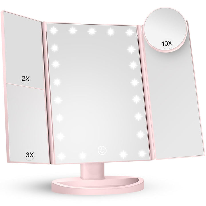 Makeup Mirror Vanity Mirror with Lights, 2X, 3X, 10X Magnification, Touch Control, Trifold, White, 9.4" L X 13.4" W, Modern Style, Dresser Mount, Bathroom