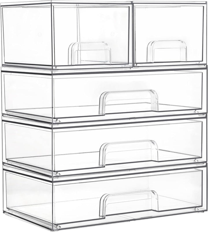 Stackable Storage Drawers Set of 5, Clear Plastic Organizer Bins for Beauty Supplies,Ideal for Vanity, Bathroom,Cabinet,Pantry Organization