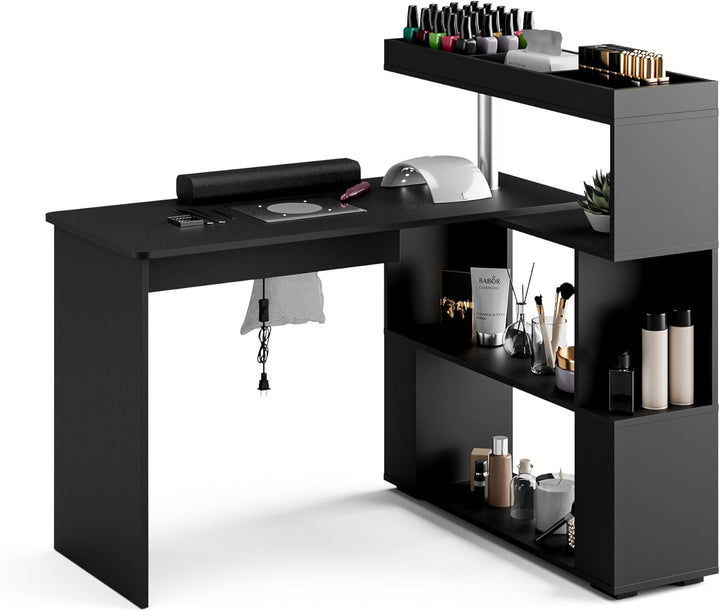 Manicure Table, L-Shaped Nail Tech Desk with Dust Collector, Reversible Rotating Table & Storage Shelf, Acetone Resistant Beauty Salon Station, White