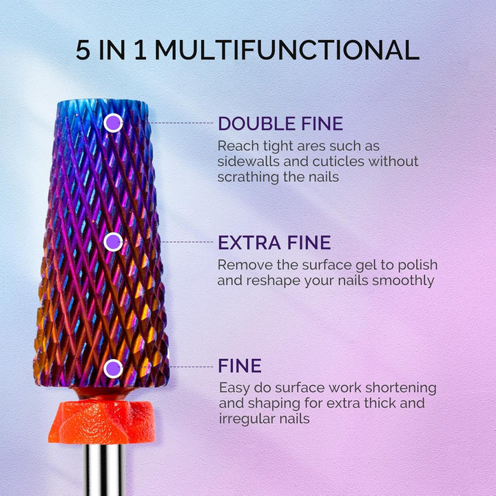 3Pcs Nail Drill Bits Set, 3/32'' Carbide Tungsten Bits, 5 in 1, Smooth round Top Large Barrel and Tornado Bits, Suitable for Manicure Pedicure Cuticle Gel Acrylic Remover, Purple