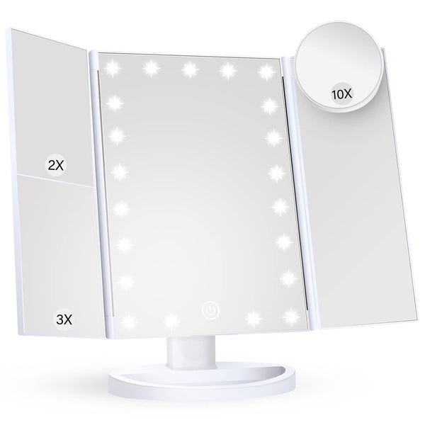 Makeup Mirror Vanity Mirror with Lights, 2X, 3X, 10X Magnification, Touch Control, Trifold, White, 9.4" L X 13.4" W, Modern Style, Dresser Mount, Bathroom