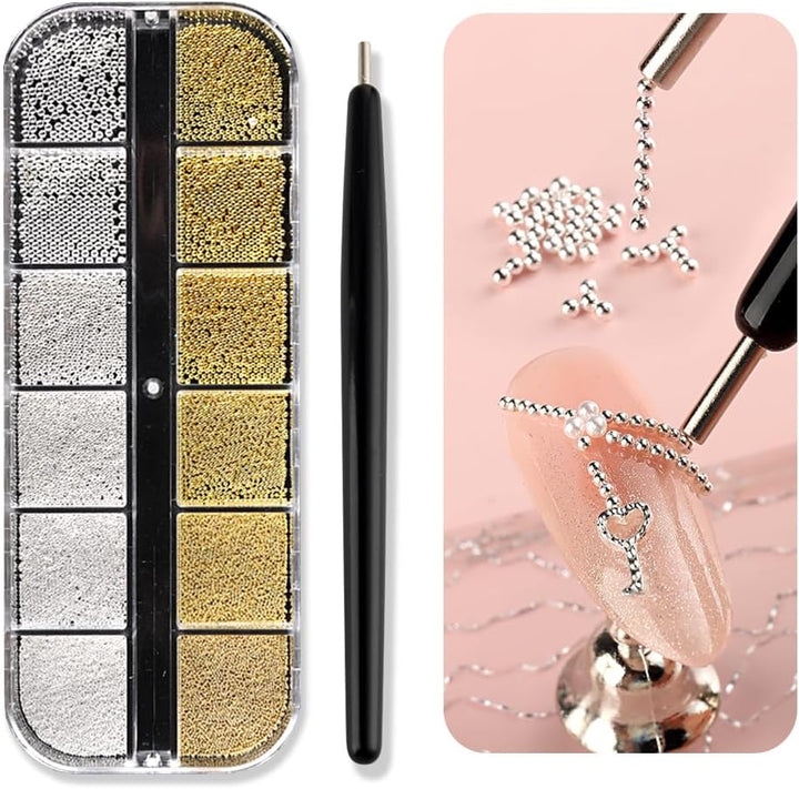 3D Mixed Sizes Nail Art Studs Gold Silver Mini Metal Caviar Nails Beads Ball Nail Rivets Jewelry for Women Girls Manicure Nails Supplies DIY Crafts Decorations