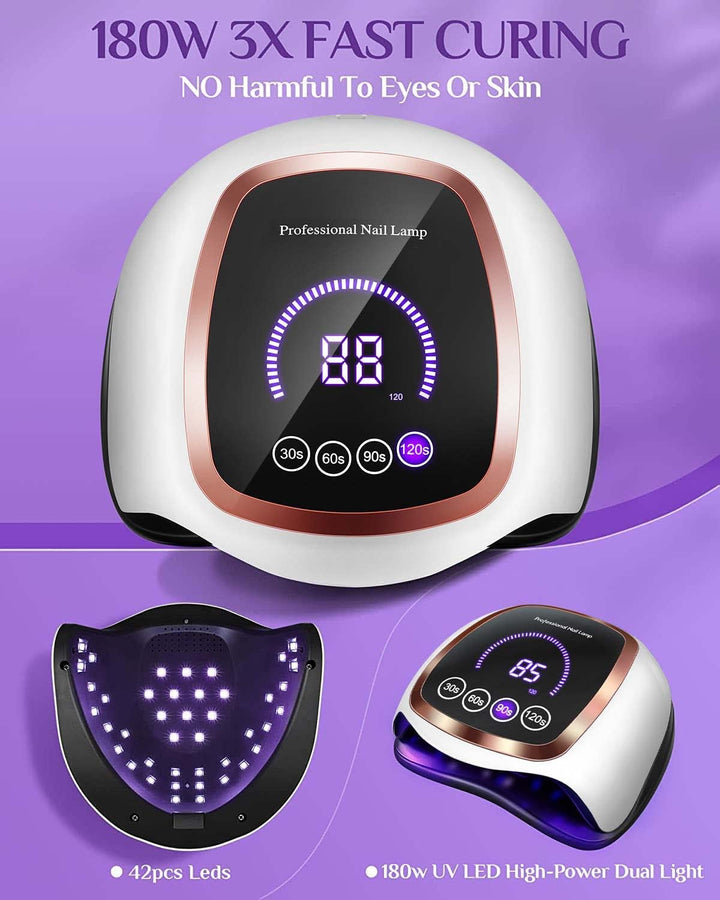 UV LED Nail Lamp,  Upgrade 180W Nail Dryer for Gel Polish with LCD Display, Auto Sensor and 4 Timer Settings, Professional Curing Lamp Light with 42 Beads for Salon and Home