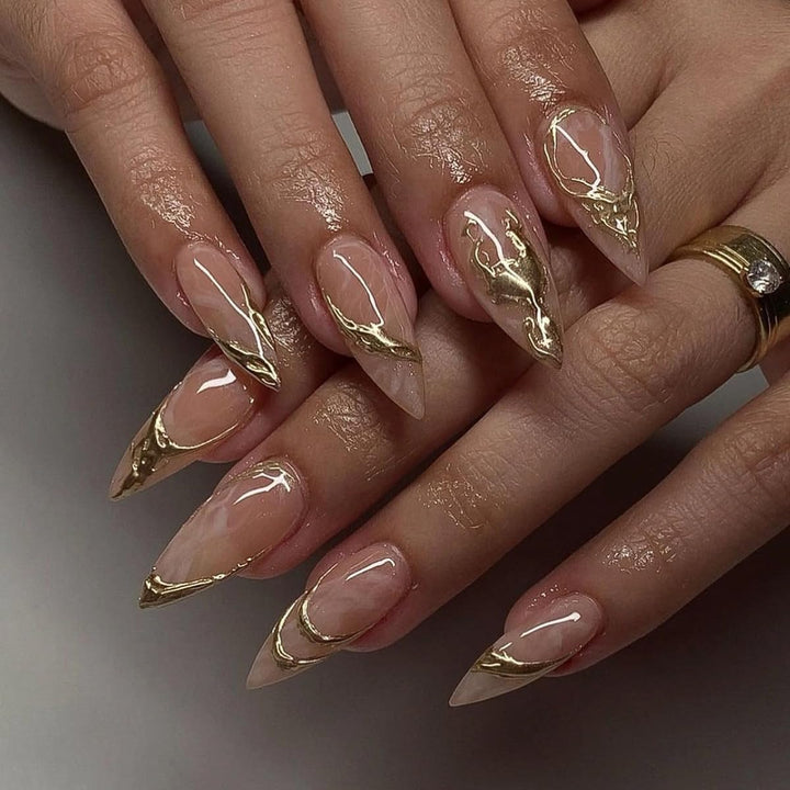 Press on Nails Almond Fake Nails French Tip False Nails with Gold Line Design Glue on Nails Press Ons Medium Acrylic Nails Glossy Full Cover Stick on Nails for Women Manicure 24Pcs