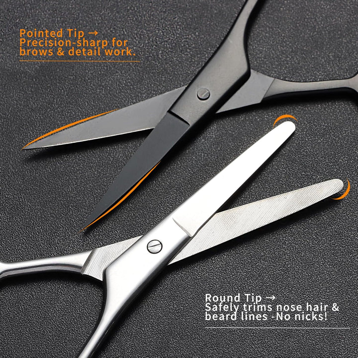 2PCS Small Grooming Scissors for Men and Women, Facial Hair Trimming Scissors with Straight & Rounded Safety Tips for Eyebrows, Nose Hair, Beard, Mustache, Eyelashes, and Ear Hair - Silver & Black