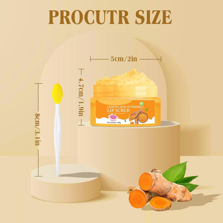 Turmeric Lemon Lip Scrub with Brush, Lip Scrubber Exfoliator for Dark Lips, Dry, Chapped Lips, Reduce Fine Lines, Natural Nourish Sugar Lip Scrub with Aloe Vera, Deep Hydration Moisturization 100G