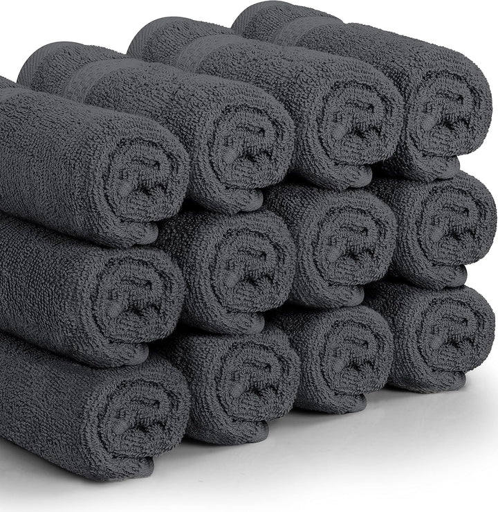 12 Pack Premium Wash Cloths Set, 12 by 12 Inches, 100% Cotton Ring Spun, Highly Absorbent and Soft Feel Essential Washcloths for Bathroom, Spa, Gym, and Face, Grey