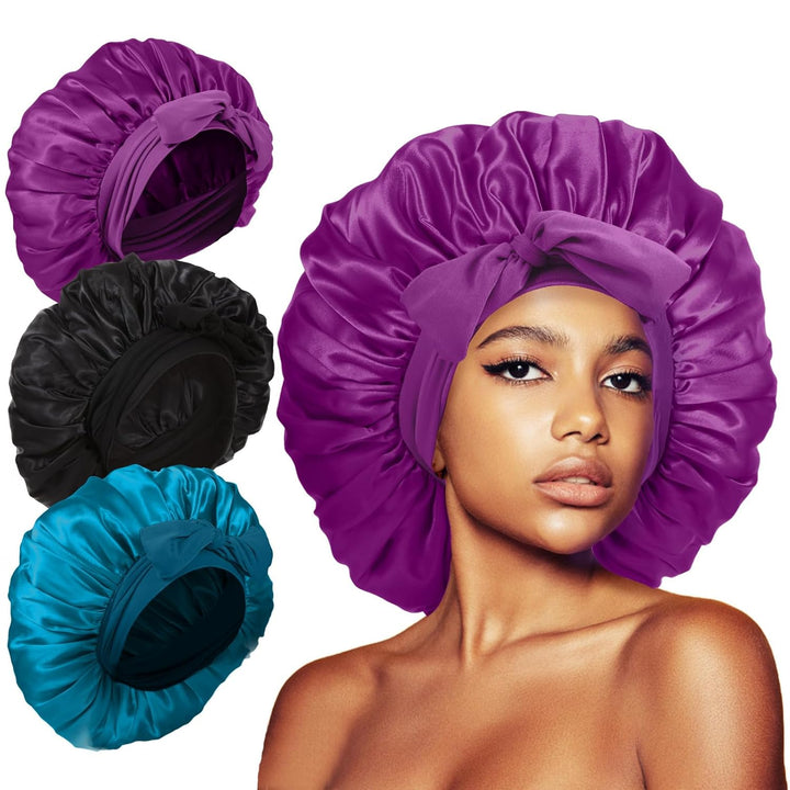 3Pcs Bonnets for Sleeping, Extra Satin Silk Bonnet for Sleeping Women with Tie Band for Curly Hair Jumbo Bonnet Braids