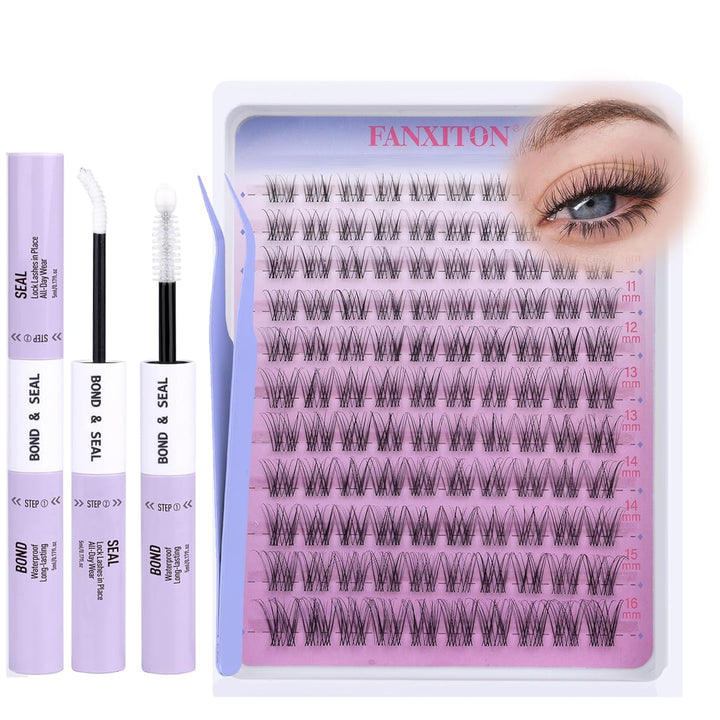 DIY Lash Extension Kit Volume Lash Clusters 40D+50D D Curvature Individual Lashes Lash Clusters Kit Thick Eyelash Extension Kit 280 Pcs Thin Band Cluster Lashes Lash Bond and Seal Tweezers