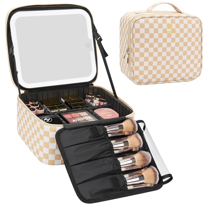Travel Makeup Bag with LED Mirror, Cosmetic Train Case with Light up Mirror, Portable Makeup Artist Organizer Bag with Adjustable Dividers, Makeup Brush Holder Storage, Black