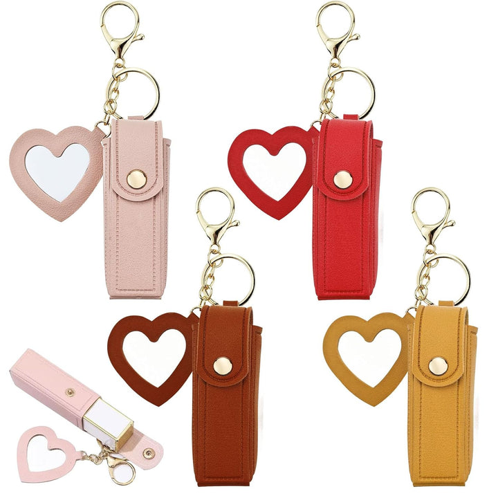4 PACK PU Leather Potable Chapstick Holder Key Chain Bulk with Mirror, Lipstick Keychain, Lip Balm Organizer Holder Lipstick Travel Makeup Storage Case for Women Girls (Style 1)