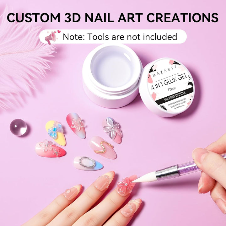 3D Gel Nail Art: Clear Solid Builder Nail Gel 4 in 1 Non-Sticky for Extension UV Glue for Acrylic Nails Rhinestones 3D Sculpting Hard Gels UV/LED Lamp Required 15Ml