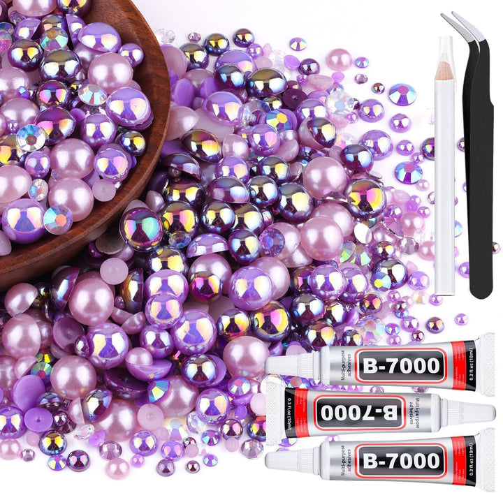 9000PCS Flatback Pearls and Pink Rhinestones for Bedazzling Kit, Pink White 3-10Mm Resin Rhinestones Gems and Half Pearls for Crafting, Nail Art and Grad Cap Decor with B7000 Jewelry Glue
