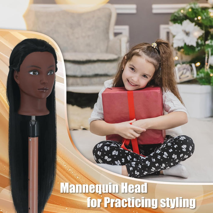 Mannequin Head with Hair 26"-28'' Doll Head for Hair Styling Manikin Practice Cosmetology Training Braiding Heads with Clamp Holder and Styling Tools (Black)