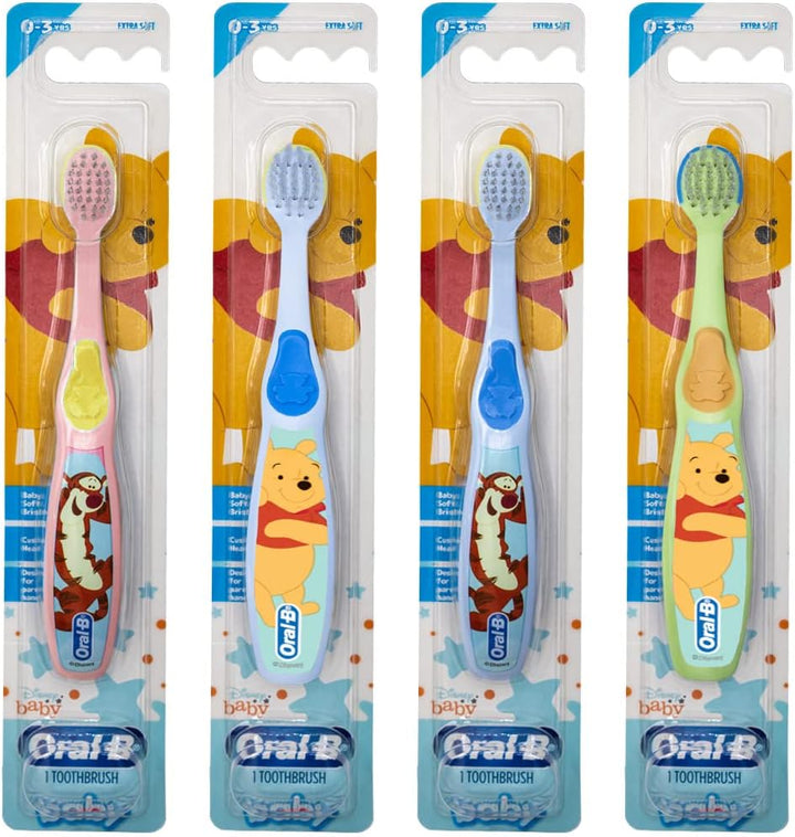 Baby Manual Toothbrush, Pooh Characters, 0-3 Years Old, Extra Soft (Characters Vary) - Pack of 4