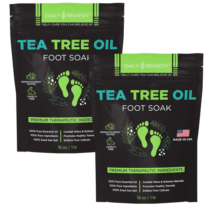 EXTRA STRENGTH Tea Tree Oil Foot Soak W/ Epsom Salt Made in USA Toenails，Athlete'S Foot，Itchy Feet，Stubborn Smelly Foot Odor，Pedicure Calluses & Soothes Sore Tired Achy Feet 16 Oz，Black