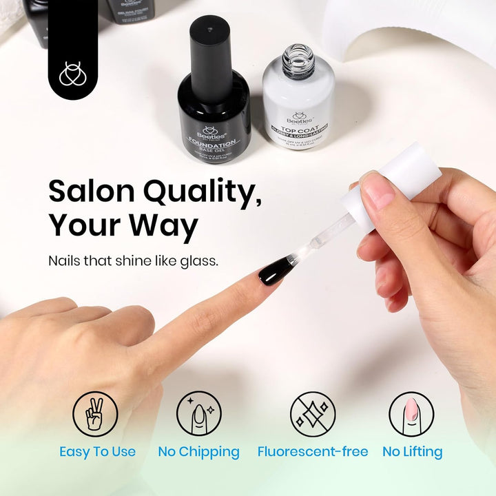 Beetles 2Pcs 15Ml Gel Base and Top Coat Set - Upgrade No Wipe Extra Glossy Top Coat Finish for Gel Nail Polish, Soak off UV/LED Lamp Needed, Essentials for Long-Lasting Manicure Halloween Kit