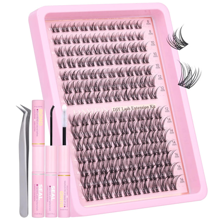 DIY Lash Extension Kit Volume Lash Clusters 40D+50D D Curvature Individual Lashes Lash Clusters Kit Thick Eyelash Extension Kit 280 Pcs Thin Band Cluster Lashes Lash Bond and Seal Tweezers