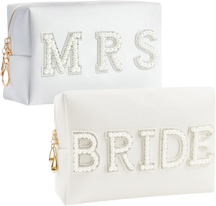 Bride Patch Letter Makeup Bag for Women Bridesmaid Engagement Gift for Her White Pearl Rhinestone Travel Toiletry Bag Make up Bag Pouch for Purse Bridal Shower Gifts for Engagement Wedding