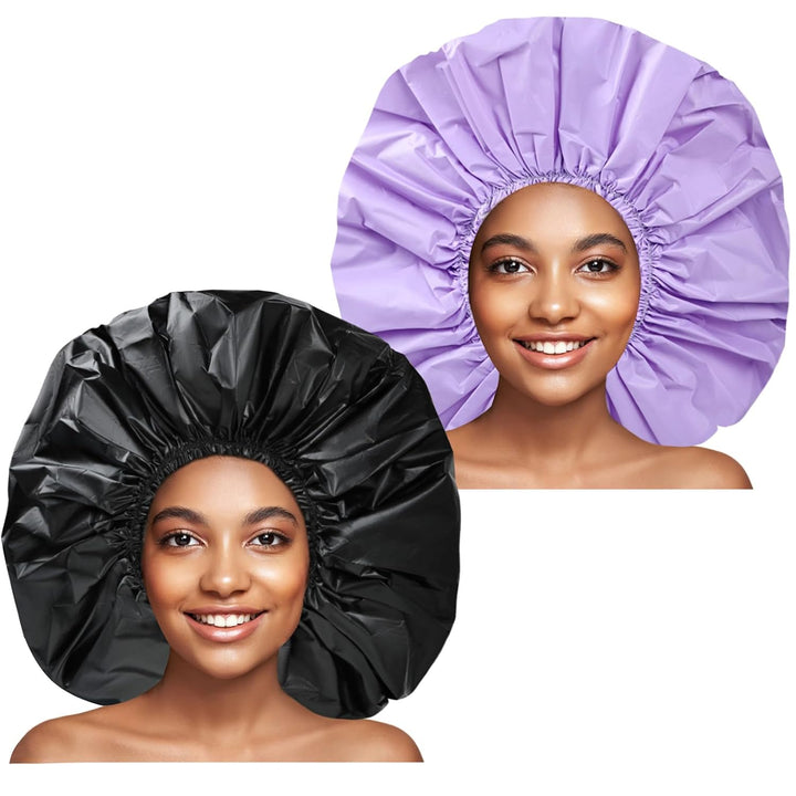 Super Jumbo Shower Cap 2 PCS Waterproof Shower Caps for Women, Extra Large Shower Cap, Reusable Super Large Bath Caps Hair Cap for Long Thick Curly Hair, Locs, Twist Braids - Black + White