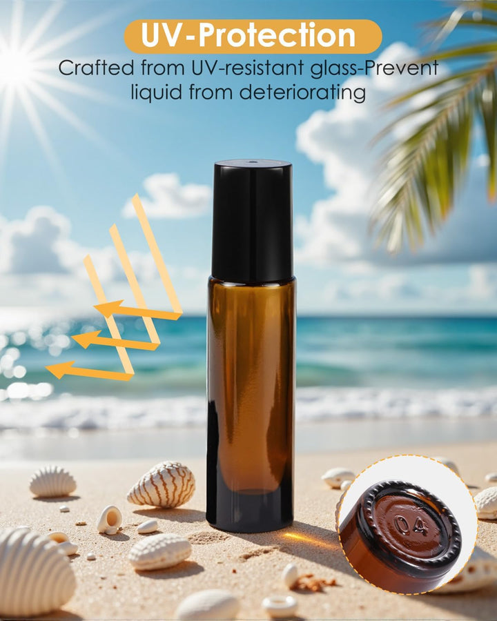 4 Pack Essential Oil Roller Bottles, 10Ml Refillable Amber Glass Roller Bottles with Stainless Steel Roller Balls and Caps for Travel, Perfume and Lip Gloss