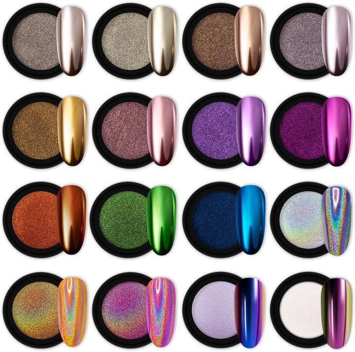 16 Jars Chrome Nail Powder Nail Art Fimo Striping Tape Lines Decoration Metallic Mirror Effect Holographic Aurora Chameleon Pigment Powder 1G/Jar Pearl for Resin Craft & Nail Art